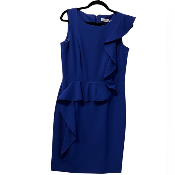 CALVIN KLEIN Asymmetrical Ruffle Dress in Royal Blue - Picture 7 of 11